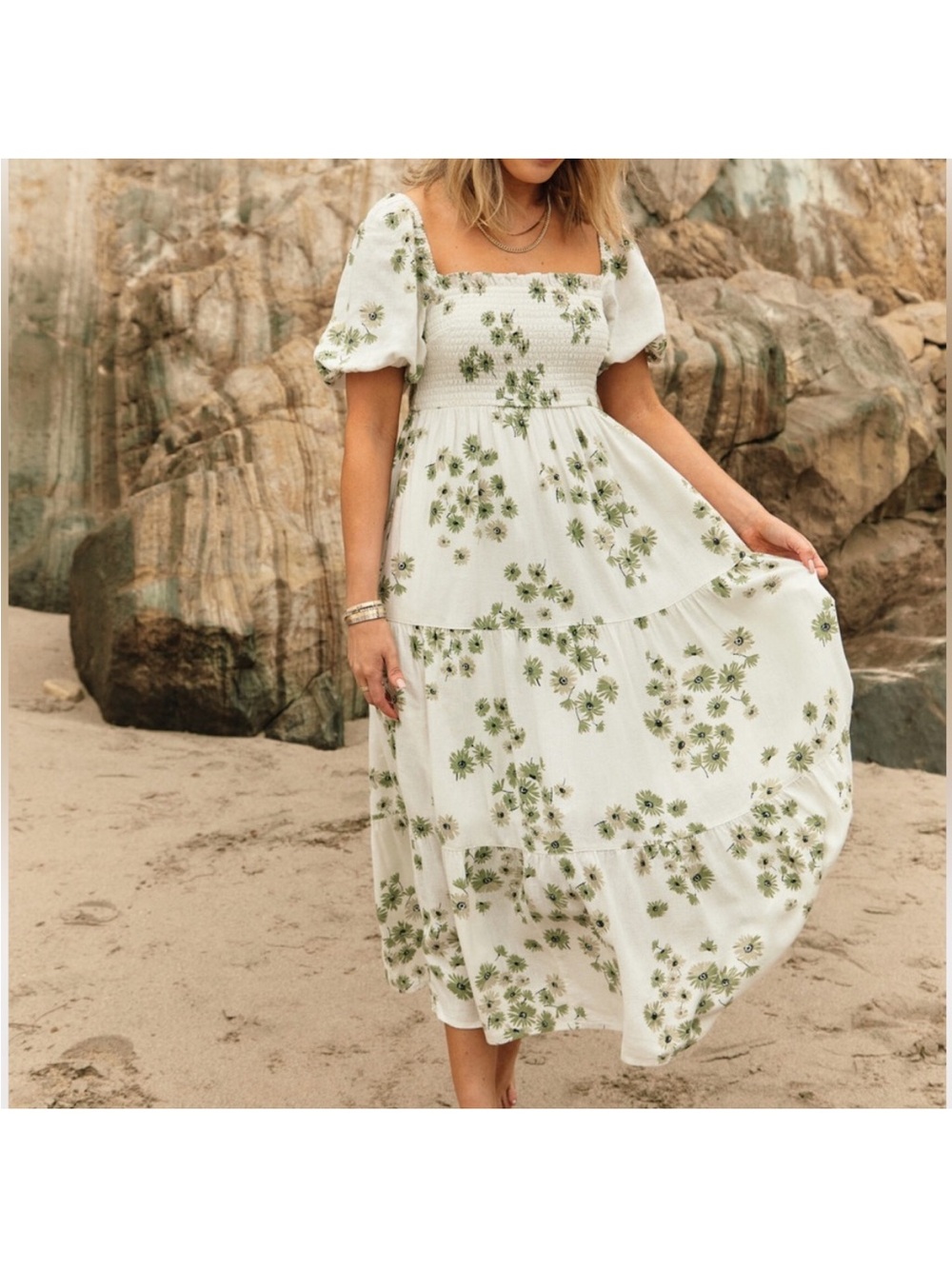 Abercrombie & Fitch White Midi Dress with Green Floral Print